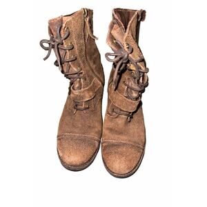 UGG Brown Suede Mid-Calf Combat Boots Zip Buckle Faux Fur US 8.5